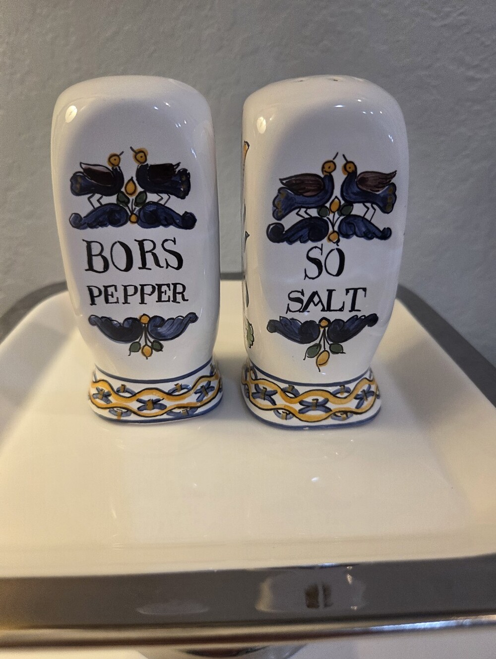 Hand-Painted Ceramic Salt & Pepper Shakers - Blue and Yellow Floral 1970's